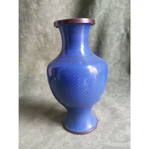 Vintage Blue Enamel Brass Vase 7"